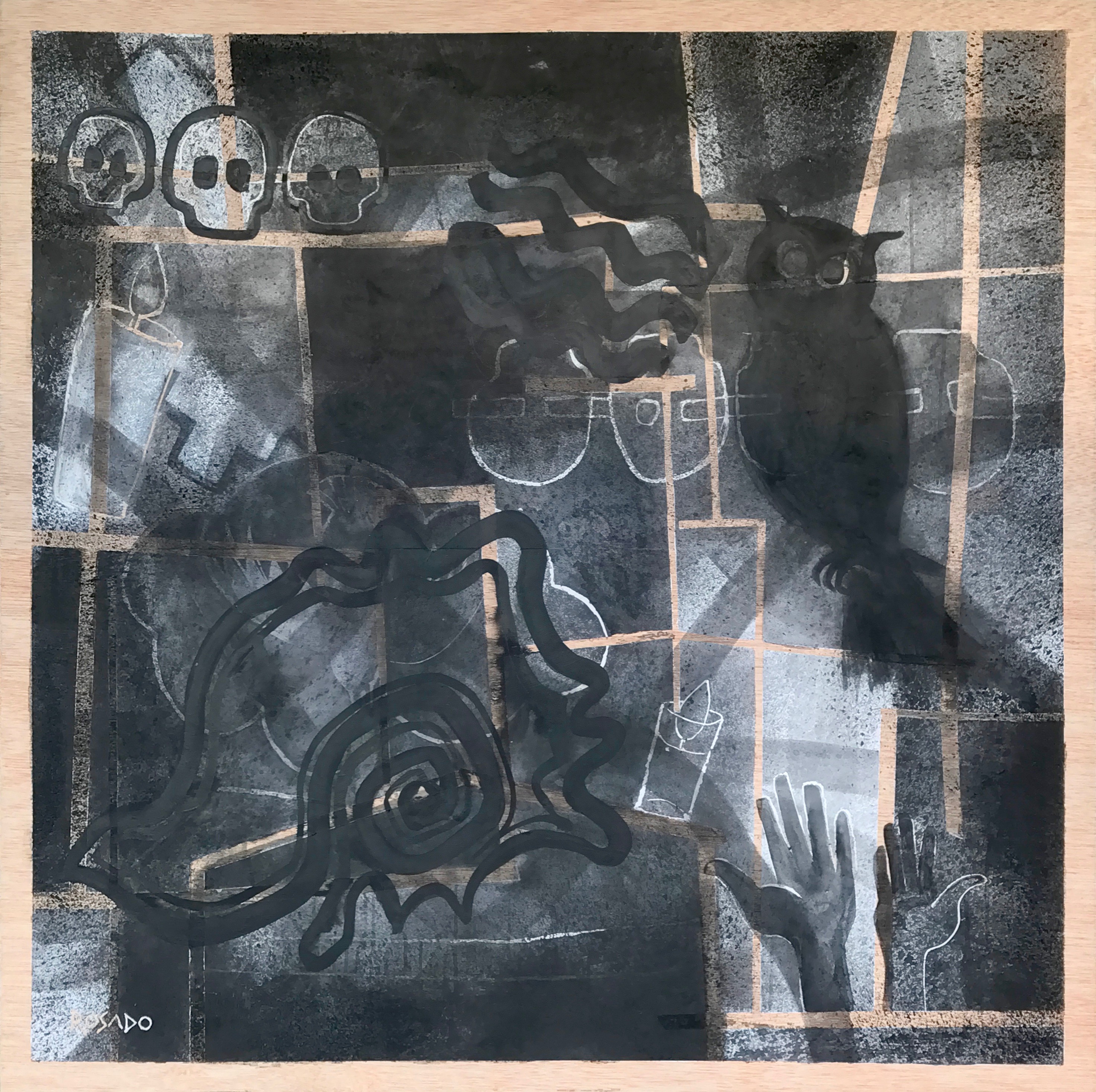 Alegoría de Todos los Santos.Tinta/madera.130x130cm.GRosado