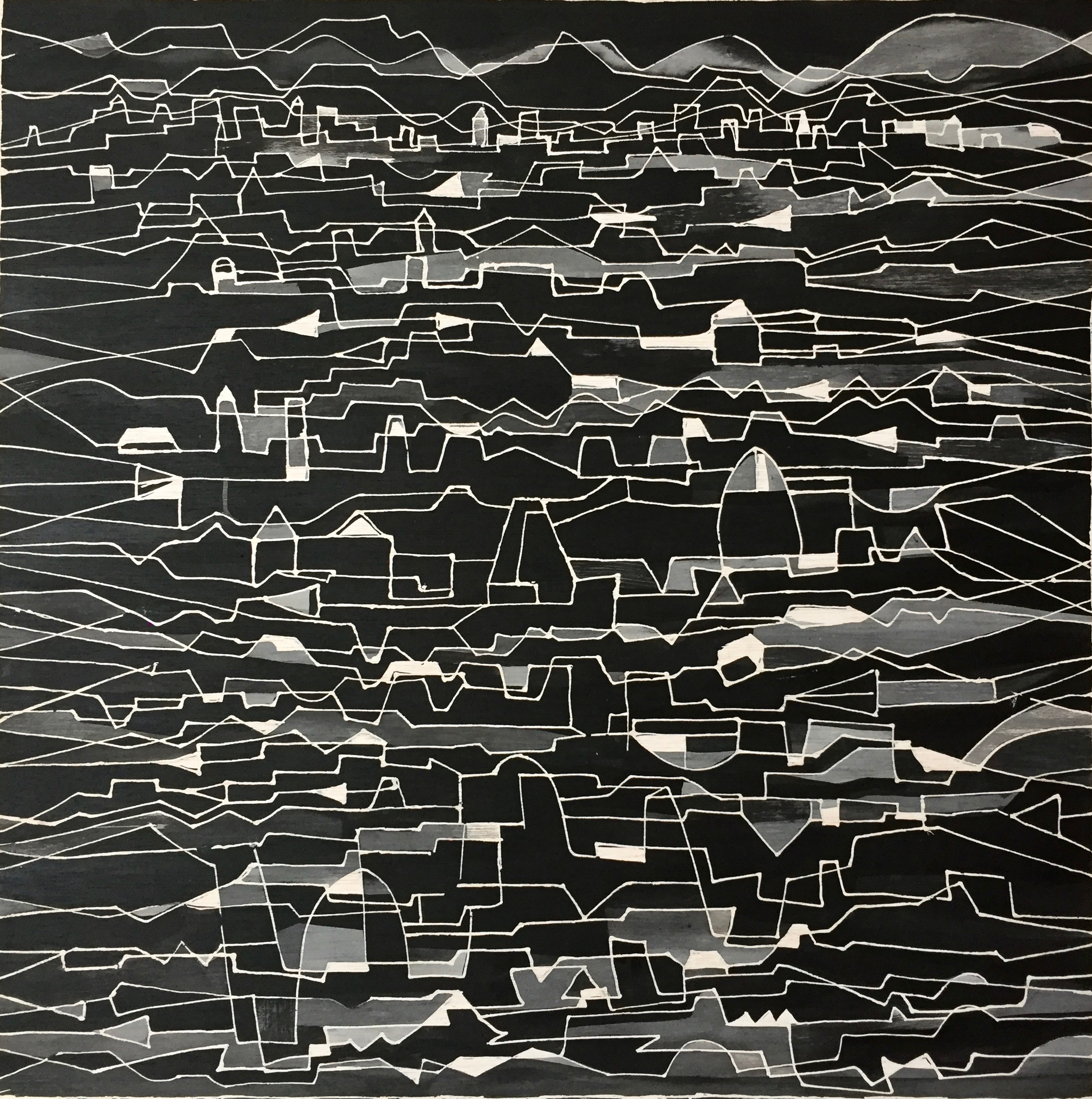 BCN de la serie Ciudades Suspendidas. Tinta /madera 60 x 60 cm